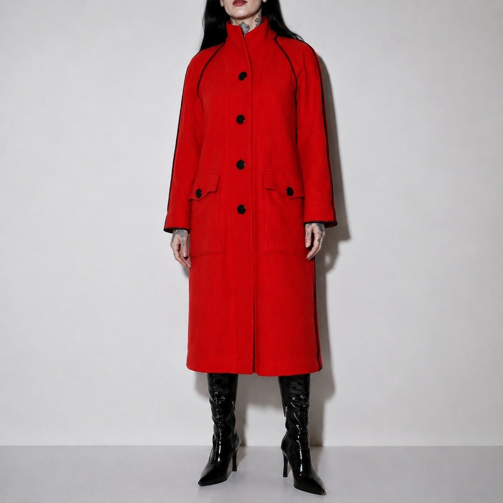 Vintage Red Whipstitch Wool Coat Women 6 Longline Minimalist Statement Mock Neck
